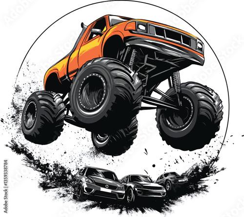 A monster truck jumping with massive wheels on white background, Vector, PNG, T-shirt design