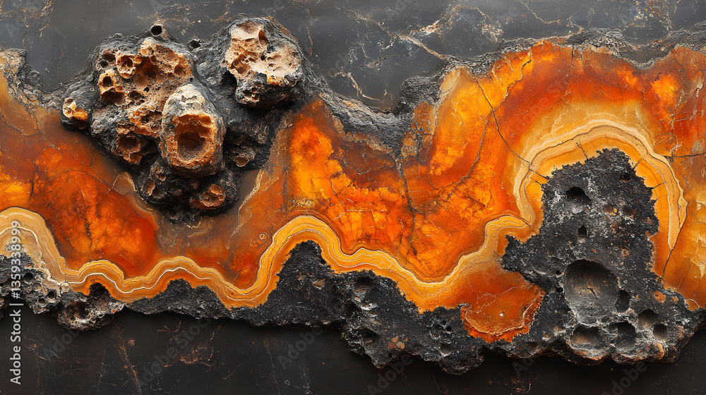 Earthy Elegance: An abstract view of a striking display of nature's artwork in a mosaic of orange and black stones. the beauty of geological marvels and abstract textures