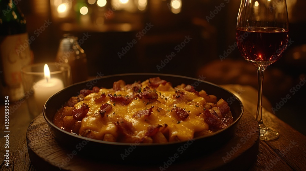 Cheesy, bacon-topped potatoes in a skillet, served with wine, in a warm, inviting setting Cheesy, bacon-topped potatoes in a skillet, served with wine, in a warm, inviting setting