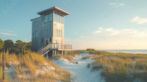 Coastal wooden house tower in Florida, designed with modern urbanism and hidden among sunlit dunes and ocean, serene yet elusive under a clear sky 