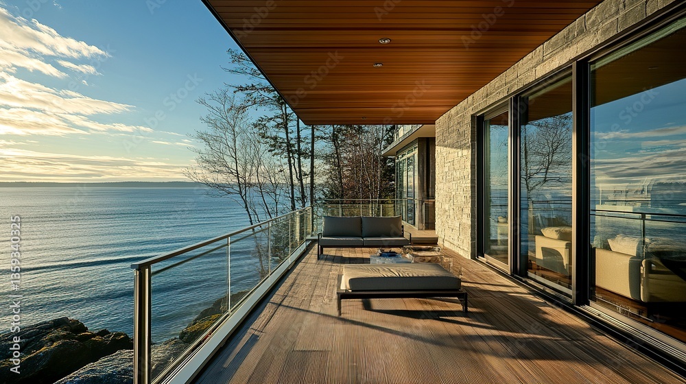 Fototapeta premium Contemporary balcony with direct oceanfront views, clean lines in design, soft sunlight reflecting off the water 