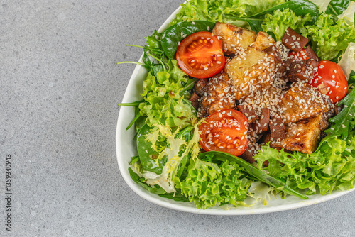 vegetable salad with eggplant. Healthy, clean eating. Vegan or gluten free diet. top view. copy space photo