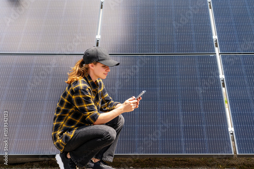 Woman monitoring PV system using her smart phone and mobile app