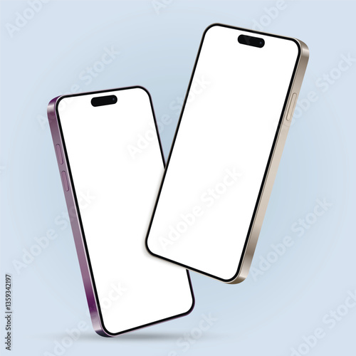 Two cell phones mockup with blank screens while levitating in the air on a blue background
