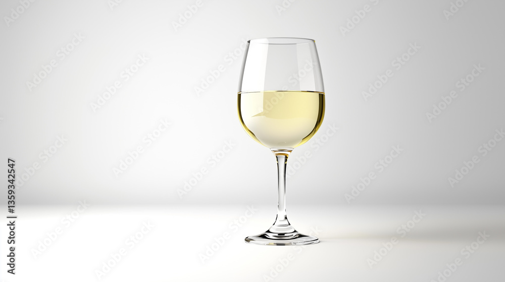 A clear wine glass filled with white wine against a plain white background. A clear wine glass filled with white wine against a plain white background.
