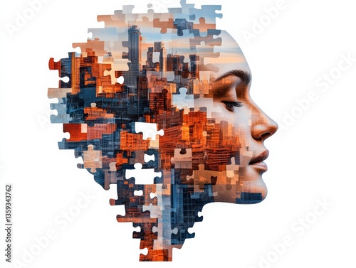 A human head composed of interlocking puzzle pieces. Generative AI