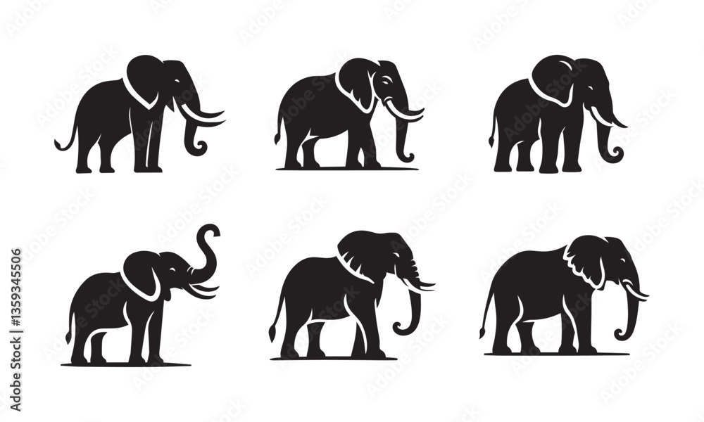 Obraz premium Elephant silhouette logo icon isolated on white background, animal clip art bundle