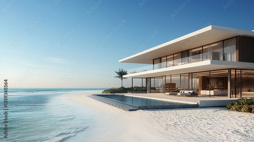 Elegant beachfront property with modern architecture, infinity pool merging into the ocean horizon, white sand and exclusive facilities, wide-angle capturing serene luxury. Elegant beachfront property with modern architecture, infinity pool merging into the ocean horizon, white sand and exclusive facilities, wide-angle capturing serene luxury.