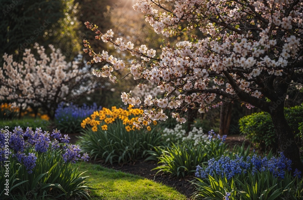 Obraz premium Vibrant garden scene with flowers and a birdhouse in springtime 