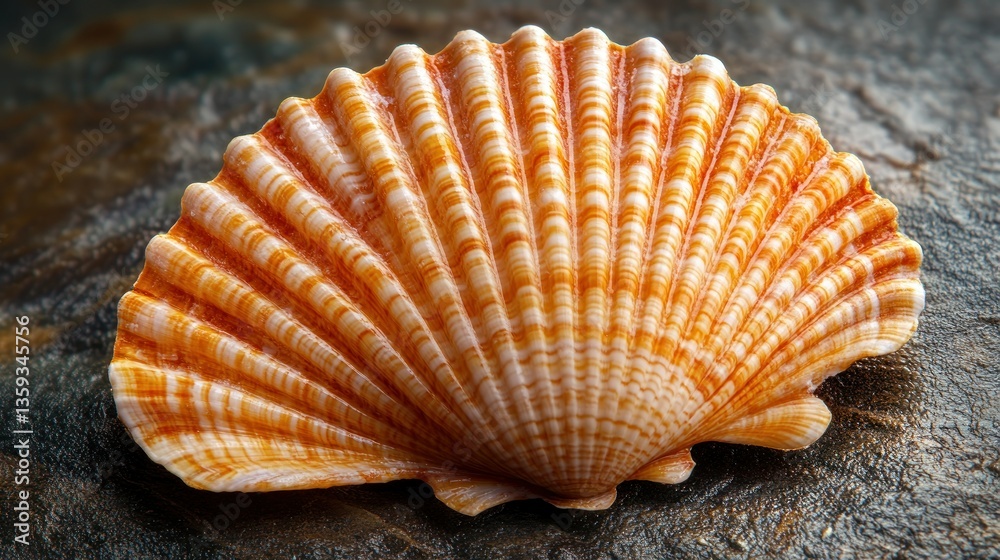 Obraz premium Close-up of a scallop shell with intricate orange and white striations