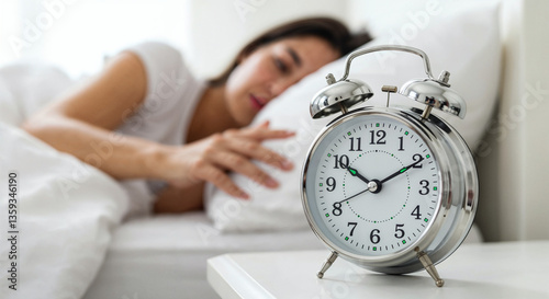 Sleep deprived person reaching to silence alarm clock, morning fatigue and oversleeping concept, work-life balance and stress management theme