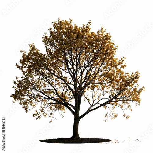 A single tree stands prominently against a white background, showcasing its intricate branches and leaves in vibrant shades of yellow and brown.