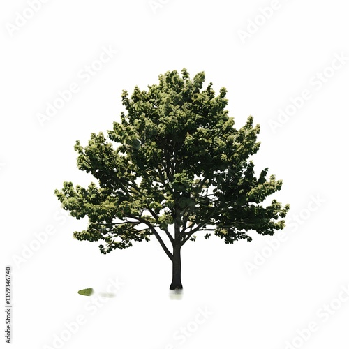A single tree stands tall in a clear sky, illuminated by natural light, creating a stark contrast against the white backdrop.