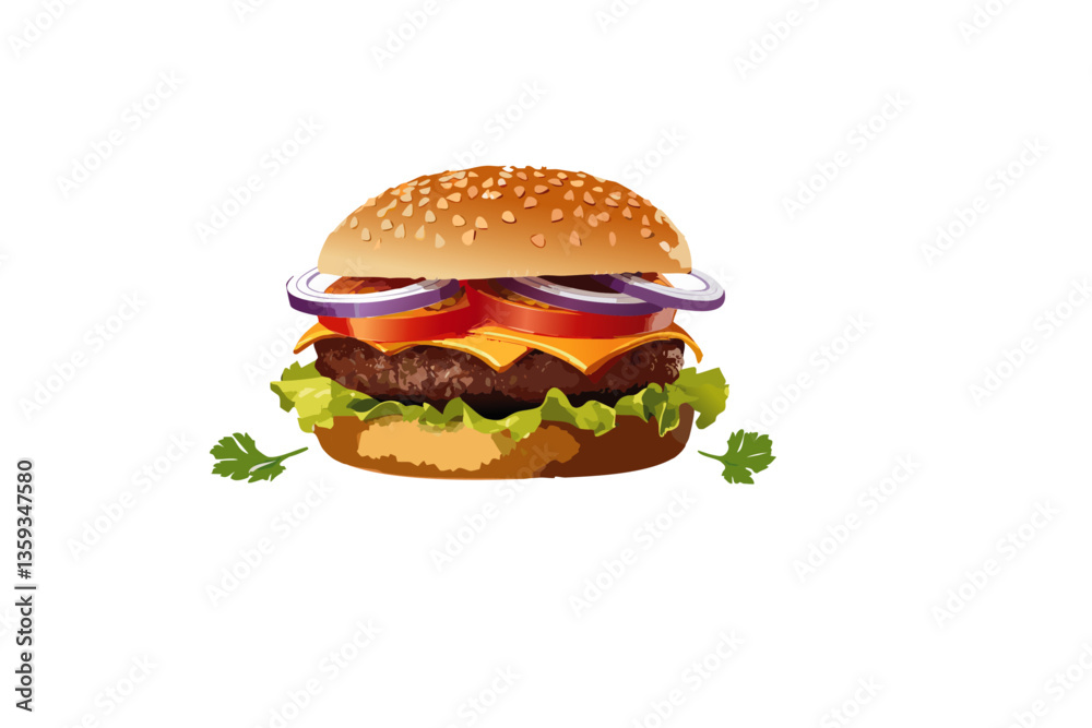  hamburguesa de ternera frita, con queso fundido y salsa mayo y salsa cheedar, tomate rojo, pepinillo, cebolla roja fina, estilo ultra realista