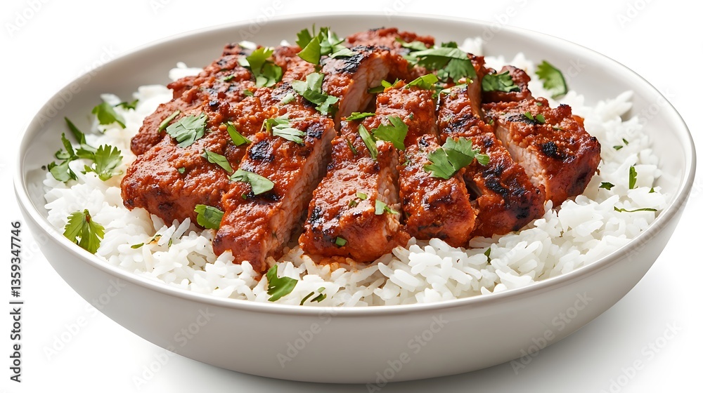 Fototapeta premium Pork teriyaki with rice isolated on white background.