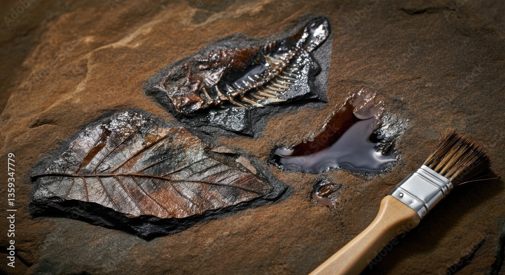 Obraz premium Fossils of fish and leaf displayed with brush on rock