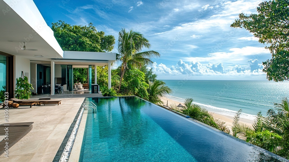 Fototapeta premium Elevated perspective of a beachfront villa, open terraces, sparkling pool facing the sea, lush greenery framing the property, bright tropical sunlight. 