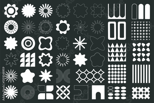 Brutalist geometric shapes mega set elements in flat graphic design. Bundle objects of simplicity symbols with flowers, suns, stars, circles, squares, grids, curves and other. Vector illustration.