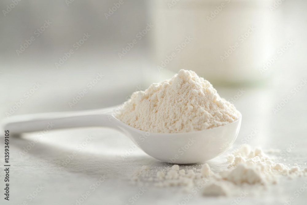 White collagen powder with smooth texture in soft natural light White collagen powder with smooth texture in soft natural light