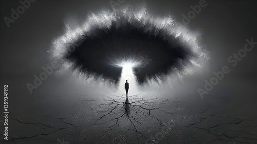 Solitary Figure Facing a Luminous Abyss in a Dark Monochromatic Landscape photo