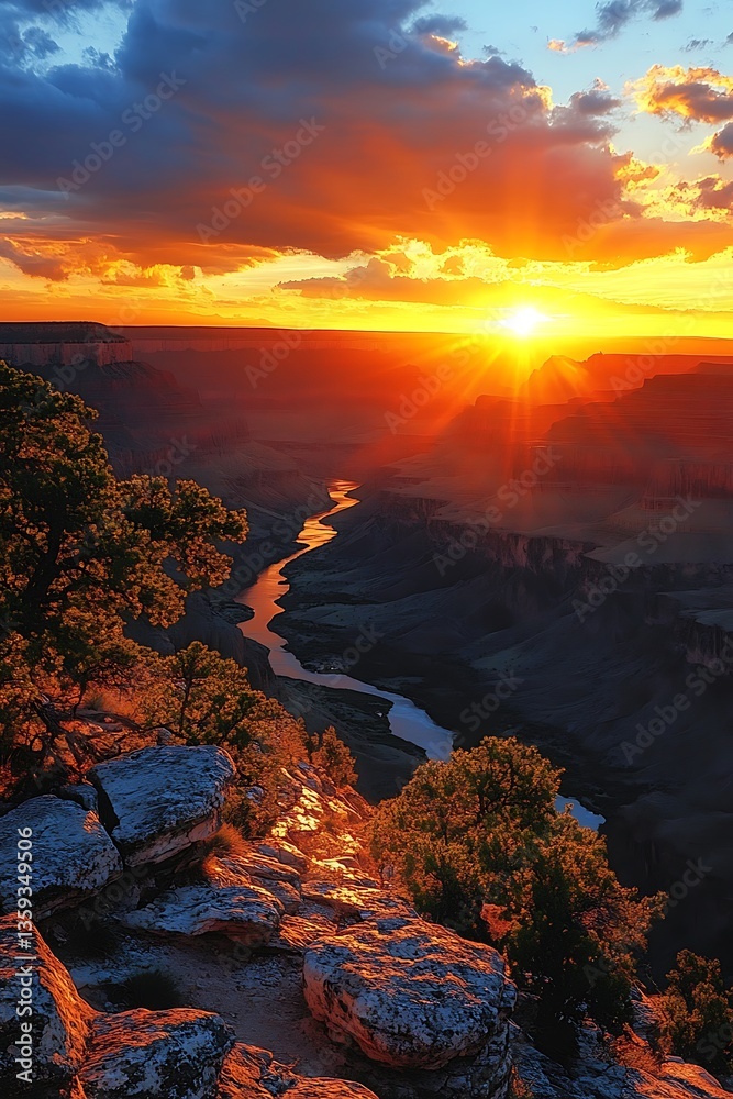 Obraz premium A dramatic canyon landscape bathed in beautiful sunset sunlight