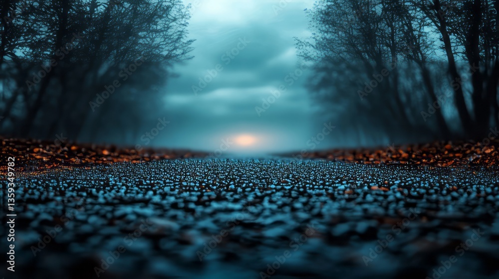 Fototapeta premium Wet road at twilight, moody atmospheric scene, concept of autumn evenings, tranquility, serene travel journey