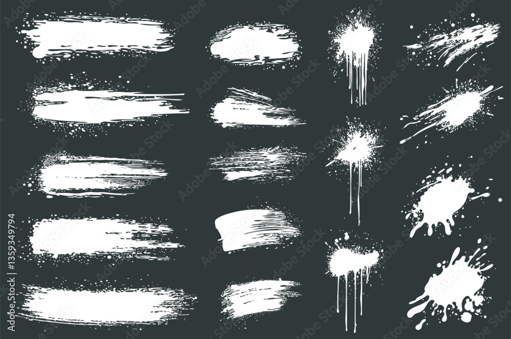 White ink splatters set elements in flat graphic design. Collection of brush strokes and ink spots with messy grainy texture, grimy paintbrush stains and blobs with rough edges. Vector illustration.