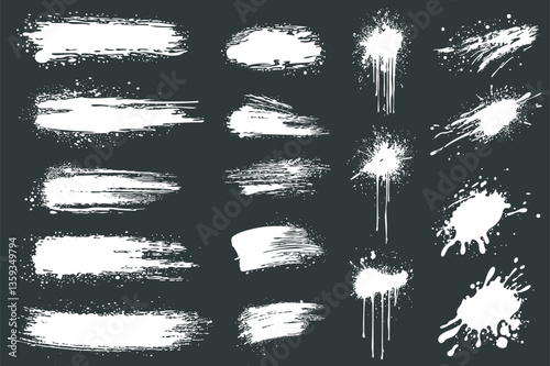 White ink splatters set elements in flat graphic design. Collection of brush strokes and ink spots with messy grainy texture, grimy paintbrush stains and blobs with rough edges. Vector illustration.