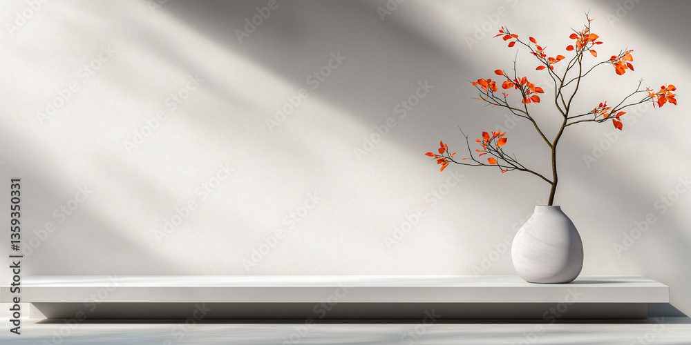 Minimalist Branch: A delicate branch with vibrant orange leaves is showcased in a simple ceramic vase, situated on a minimalist white shelf with soft shadows across the backdrop. Minimalist Branch: A delicate branch with vibrant orange leaves is showcased in a simple ceramic vase, situated on a minimalist white shelf with soft shadows across the backdrop.