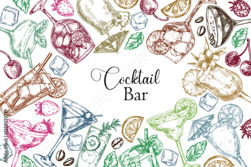 frame of alcoholic cocktails, vector illustration in sketch style