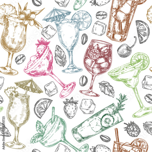 Seamless pattern of alcoholic cocktails, vector illustration in sketch style
