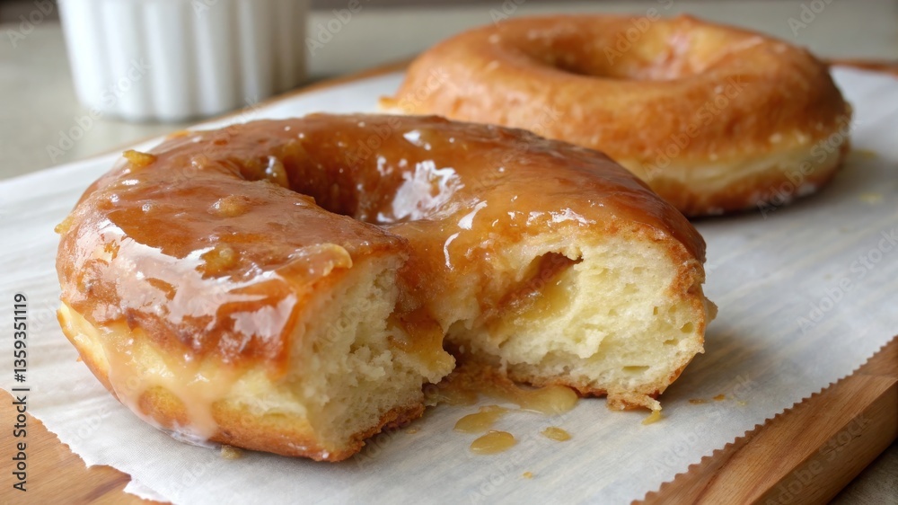 Savoring a caramelized glazed donut at home culinary delight food photography cozy kitchen close-up indulgent treat Savoring a caramelized glazed donut at home culinary delight food photography cozy kitchen close-up indulgent treat