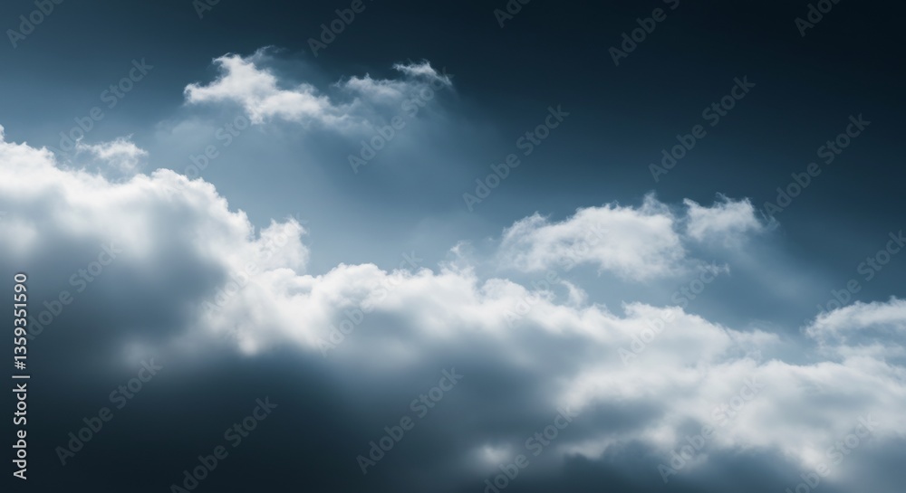 Fototapeta premium Dramatic sky with dark, stormy clouds surrounding a central opening of bright, illuminated clouds, showcasing a contrast in light and weather.