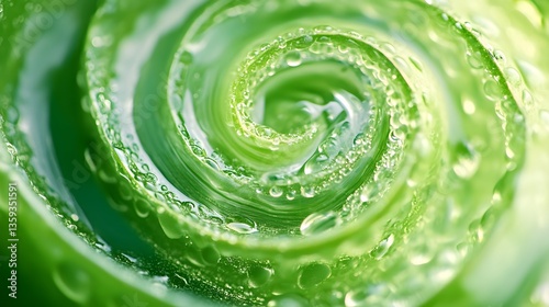 Swirling spiral of an aloe vera leaf with water droplets