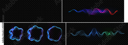 Colorful audio waveform transitioning from blue to purple to red with glowing curves. Abstract frequency visual, dynamic music spectrum. Blending lines wave vector illustration
