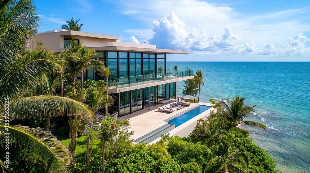 Fototapeta premium High-end property overlooking the ocean, expansive glass windows and rooftop patio, light dappling through palm fronds 