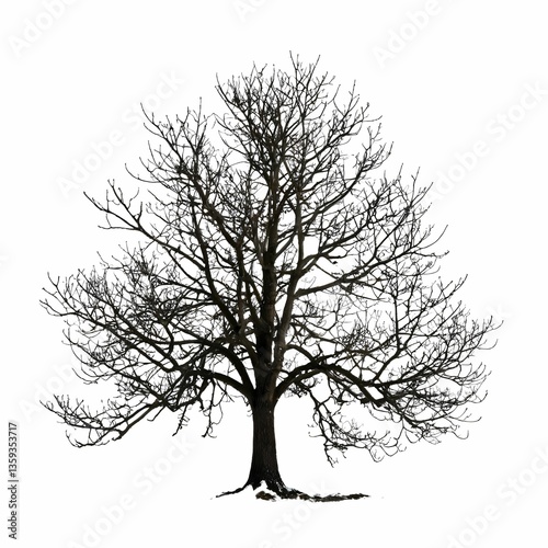A tranquil winter scene featuring a lone black tree standing alone in a snowy field with a clear sky in the background.