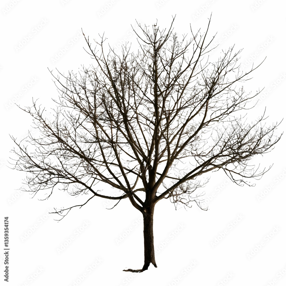 Fototapeta premium A solitary tree stands against a stark white background, its branches reaching upwards without leaves.