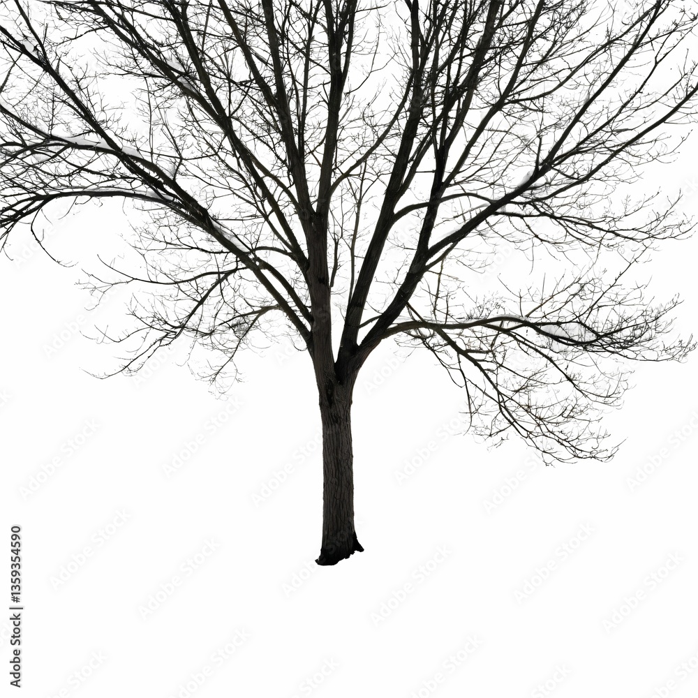 Obraz premium A solitary tree stands stark against a white backdrop, featuring deep black silhouettes of branches against a blank canvas.