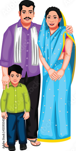 Indian Rural Family Cartoon Character Vector Illustration