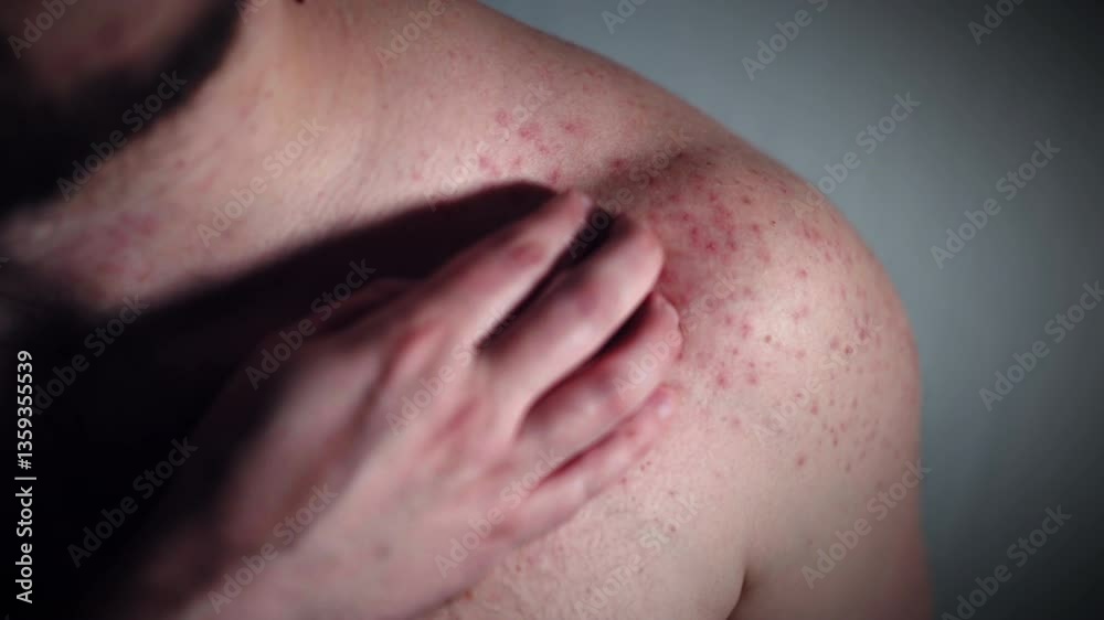 Concept of eczema, psoriasis or dermatitis, red small pimples on chest and shoulder, allergy reaction on skin surface, epidermis inflammation Concept of eczema, psoriasis or dermatitis, red small pimples on chest and shoulder, allergy reaction on skin surface, epidermis inflammation