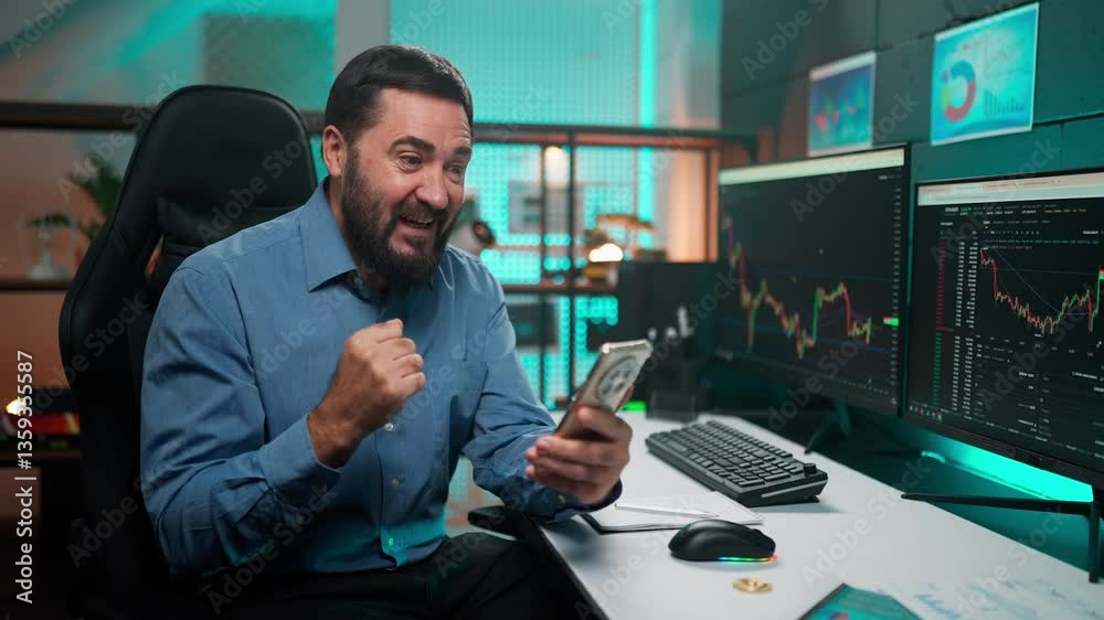A trader trades bitcoin on the exchange. A businessman negotiates with partners. 
An online business conference with business partners. 
A man talks about the price of cryptocurrency and bitcoin on th