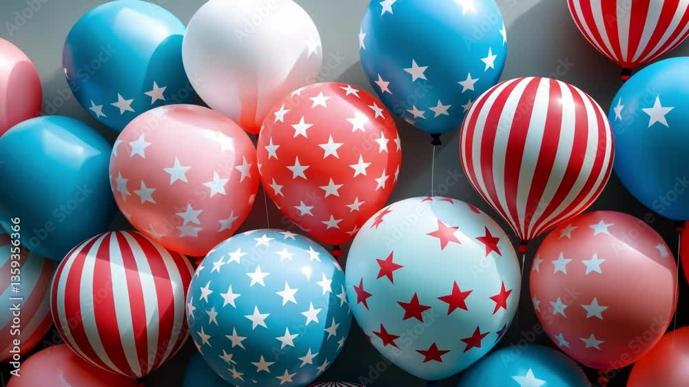 Patriotic red, white, and blue balloons with stars and stripes pattern Happy 4th of July, Independence Day USA