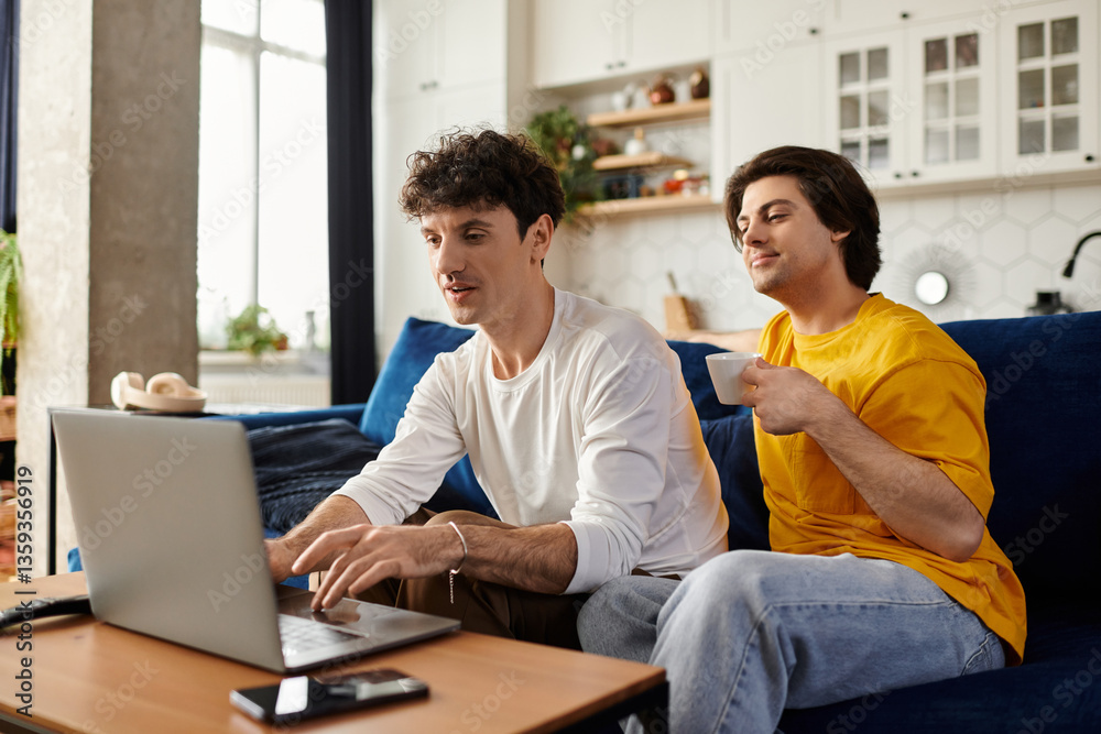 Obraz premium Two men enjoying each other's company in a cozy modern apartment setting