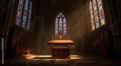 Serene interior of a grand cathedral showcasing a beautifully lit altar with stained glass windows - casket images