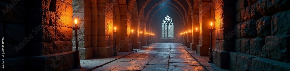 Fototapeta premium Majestic corridor with stone walls and medieval torches, torches, anime, background