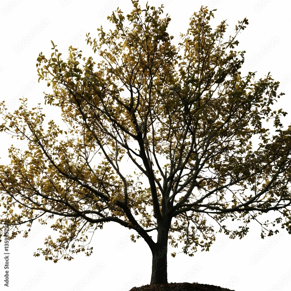 Fototapeta premium A large oak tree stands grandly against a white background with its dense foliage and intricate branches prominently displayed.