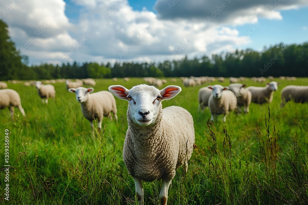 Fototapeta premium Group of six sheep standing in a field of yellow wildflowers, rural countryside scene