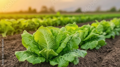 Bountiful Lettuce Fields Bathed In Warm Sunlight Creating ATranquil Atmosphere In Nature