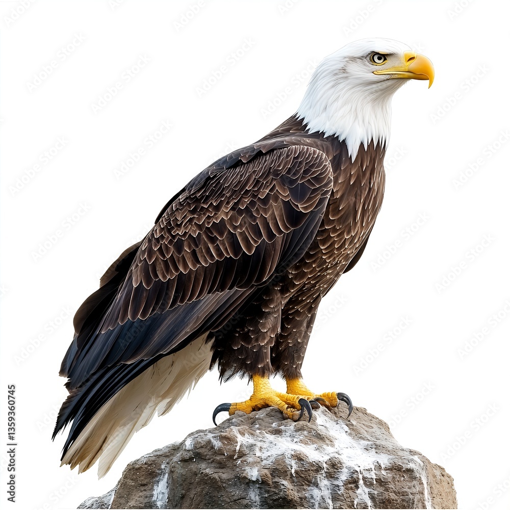 Fototapeta premium Majestic Bald Eagle Perched on a Rock Isolated on White Background Wildlife